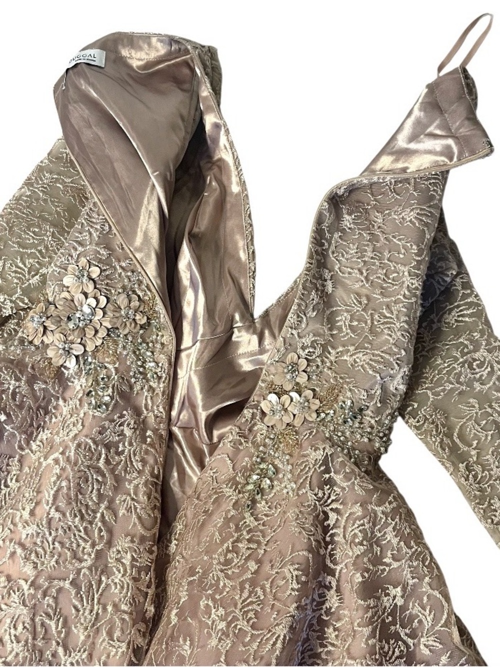 MAC DUGGAL Long Sleeve Tea Length Dress Lace Embroidered Beads Flowers Size 6 - Picture 7 of 13